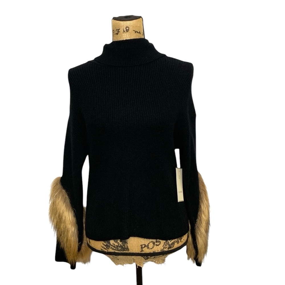 NWT Calligraphy Black Turtleneck Faux Fur Sleeve Top S